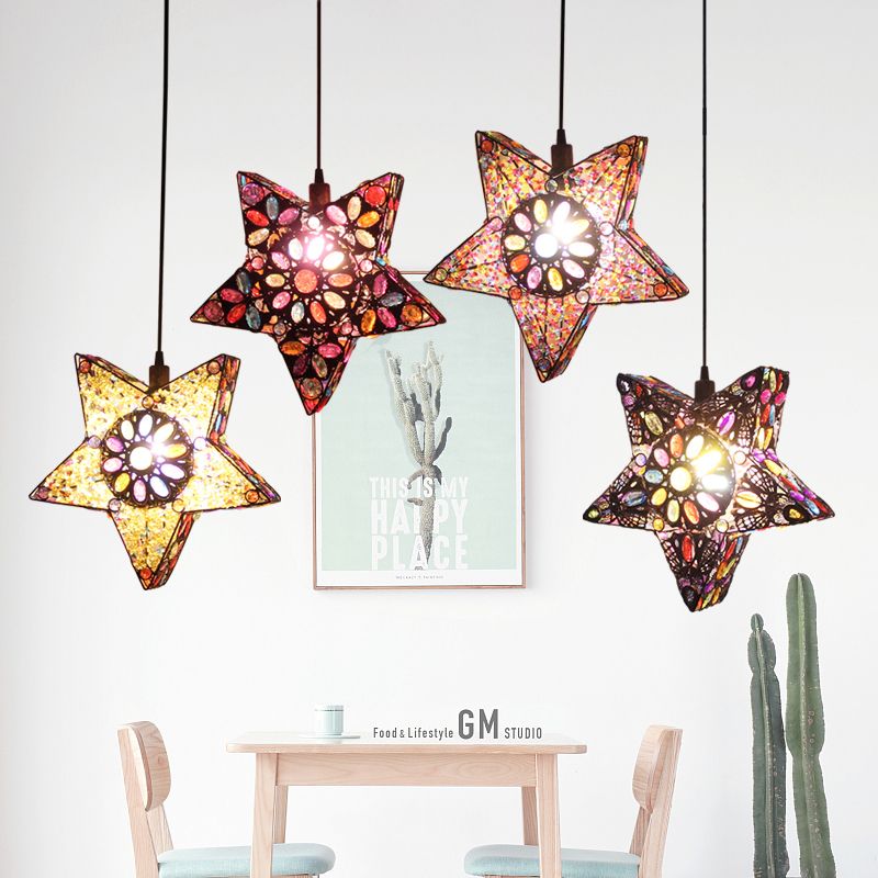 Metal Pentagram Pendant Ceiling Light Art Deco 1 Head Dining Room Drop Lamp in Black/Red/Yellow