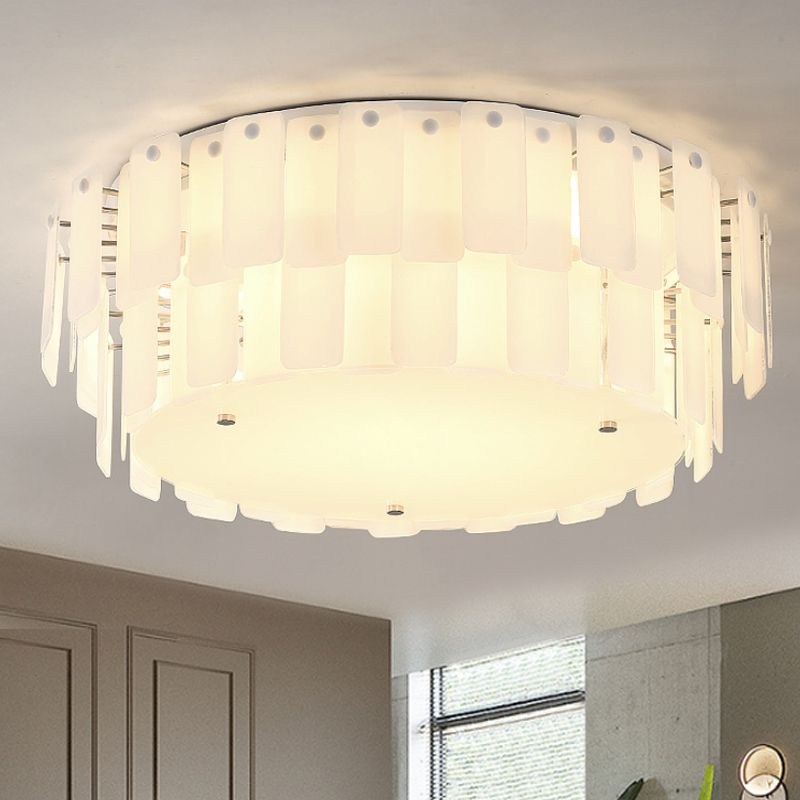 White Glass 2-Tier Drum Flush Mount Contemporary Multi Lights Flush Mount Lamp Fixture for Living Room