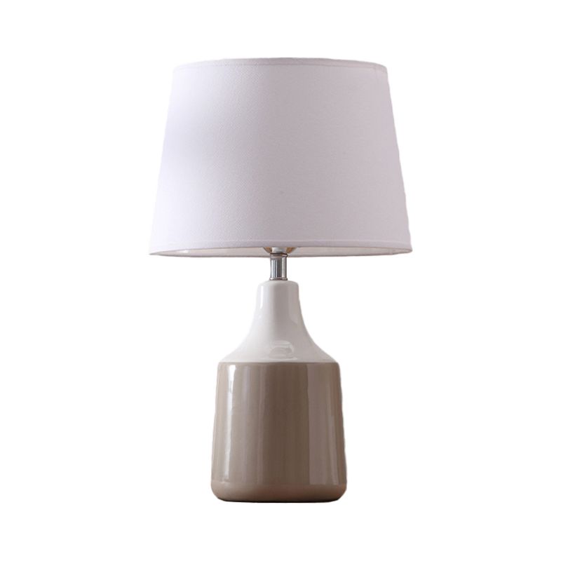 Modern Tapered Drum Table Light Ceramic 1-Light Bedside Night Lighting in Brown/White and Gray with Fabric Shade