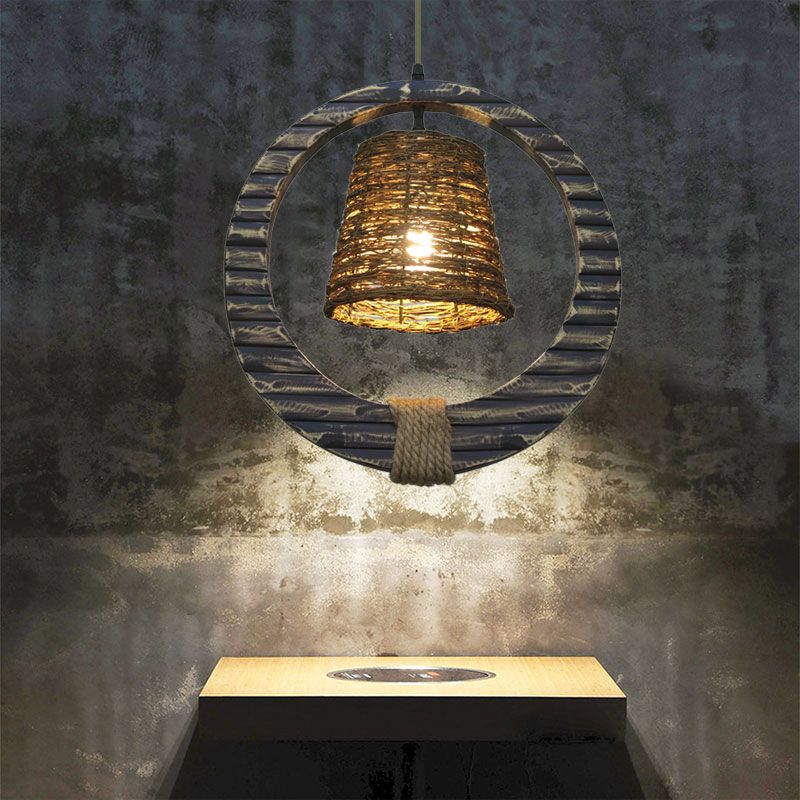 Rattan Conical Hanging Light Modern Style 1 Head Brown Pendant Lamp with Wooden Vertical Ring