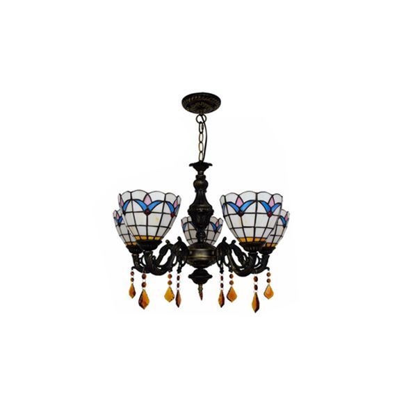 Domed Inverted Chandelier Retro Style Stained Glass 5 Lights Hanging Pendant with Tulip Pattern