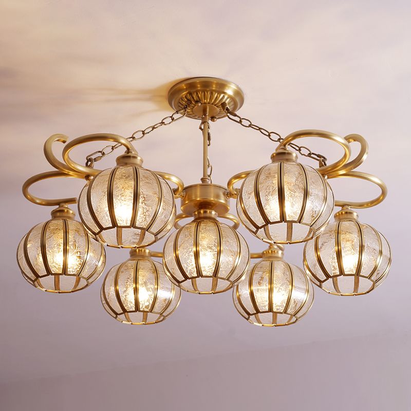 7 Heads Globe Semi Flush Light Traditional Gold Frosted Glass Ceiling Mounted Lamp