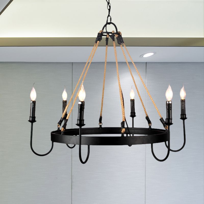 Vintage Candle Chandelier Lamp with Open Bulb 6 Heads Metal and Rope Ceiling Pendant Lamp in Black/Rust for Restaurant