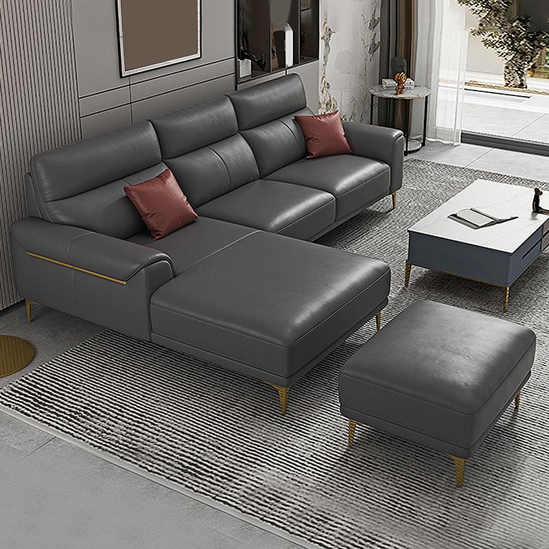 Dark Gray Genuine Leather Sofa and Chaise Pillow Top Arm Sectional for Living Room