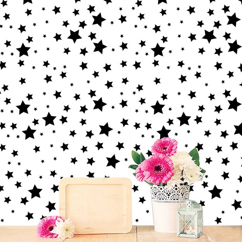 Starry Peel Wallpaper Panel Set Childrens Art Smooth Wall Covering in Black on White