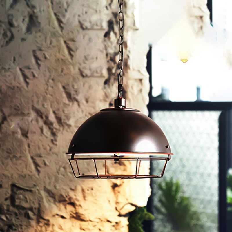 Aged Silver/Black 1-Bulb Pendant Industrial Iron Bowl Shape Hanging Light Fixture with Hooded Cage for Restaurant