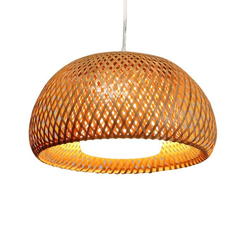 2-Layered Dome Ceiling Hang Lamp Simplicity Bamboo Single-Bulb Tea Room Pendant Light in Wood