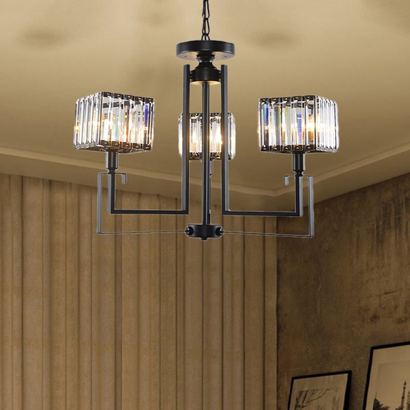 Black Square Pendant Chandelier Retro Crystal 3/6 Bulbs Hanging Pendant Light