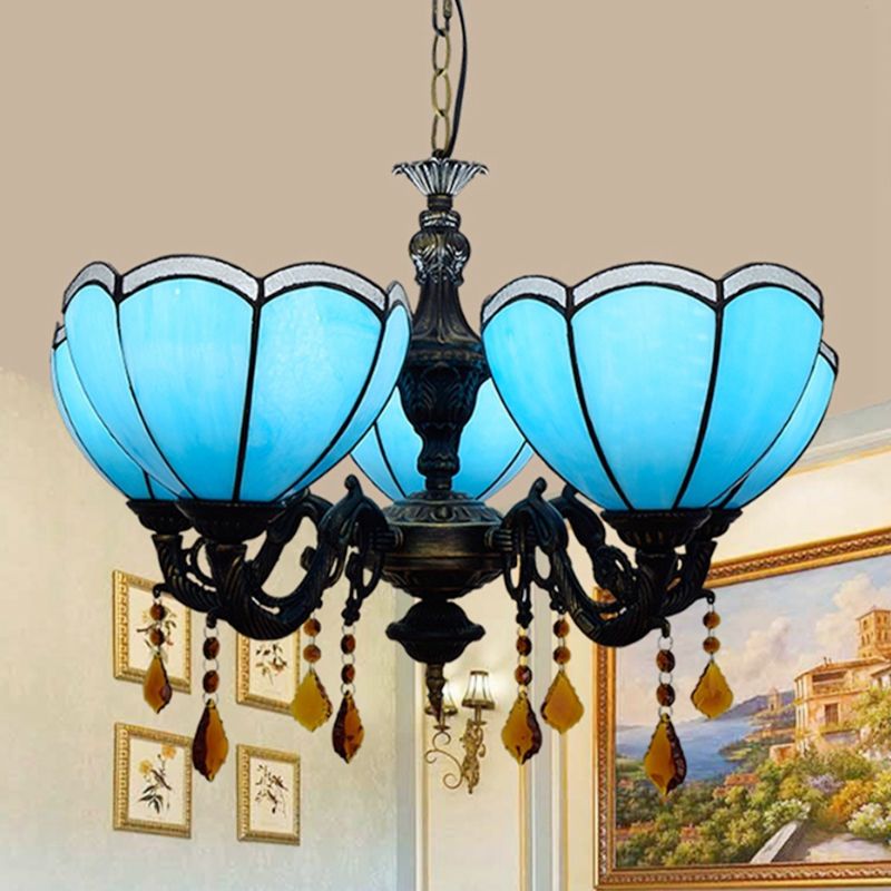 Blue Bowl Chandelier Light Retro Style Stained Glass 5 Bulbs Hanging Light with Crystal for Bedroom