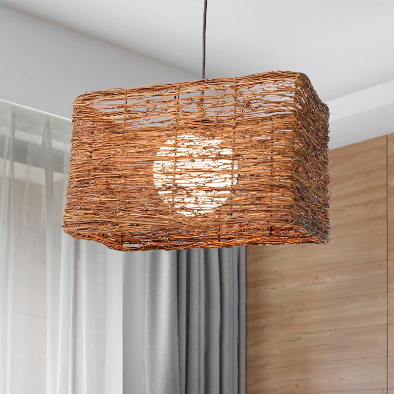 Cinese 1 Bulb Lampada sospesa rettangolo marrone Apparecchio di illuminazione a sospensione con tonalità rattan