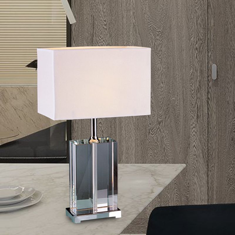 Modernism Rectangular Reading Light Clear Crystal 1 Bulb Fabric Shade Nightstand Lamp in White