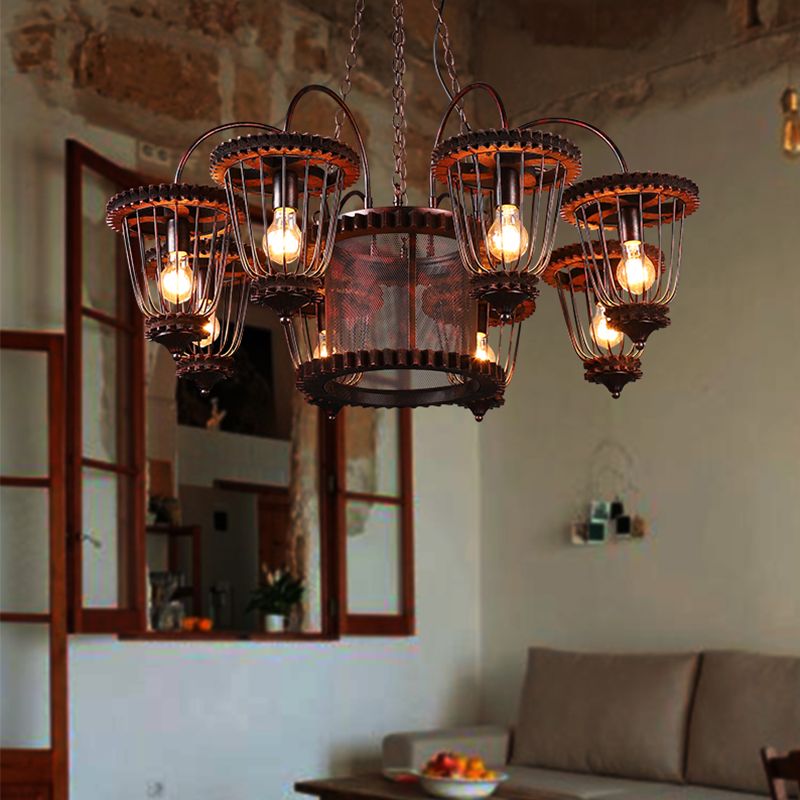 Wrought Iron Large Cage Chandelier Industrial Style Hanging Pendant Light Fixtures in Rust Finish