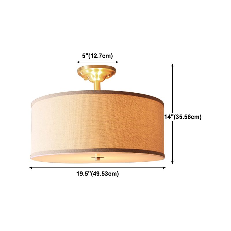 Fabric Cylinder Shape Flush Ceiling Light Modern Multi Lights Flush Light Fixture in Brass