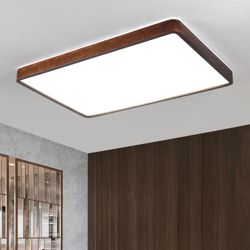 Japanese Style Rectangle Ceiling Light Brown Wood LED Flush Mount Light for Living Room