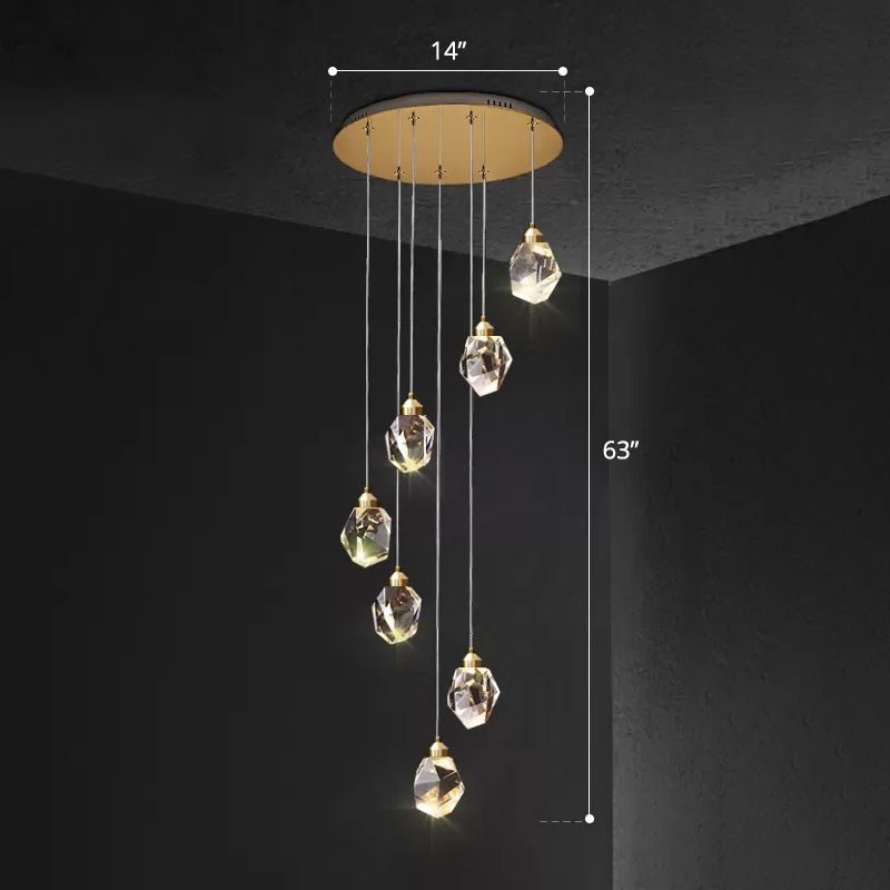 Clear Faceted Crystal Gemstone Hanging Light Minimalistic Multi Pendant Ceiling Light for Staircase