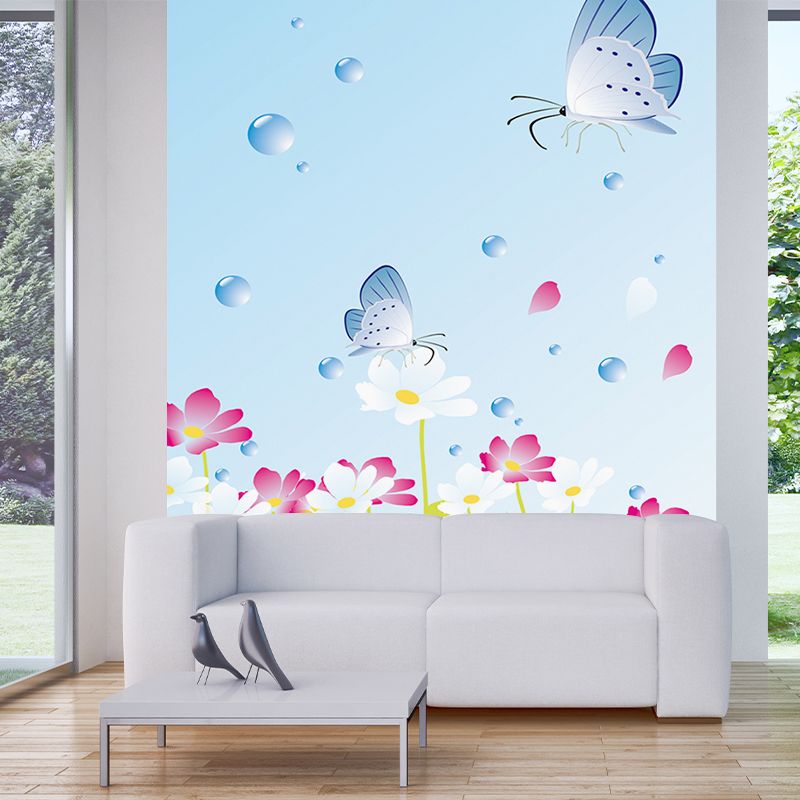 Butterfly on Flowers Wallpaper Murals Cartoon Waterproof Girls Room Wall Art, Optional Size