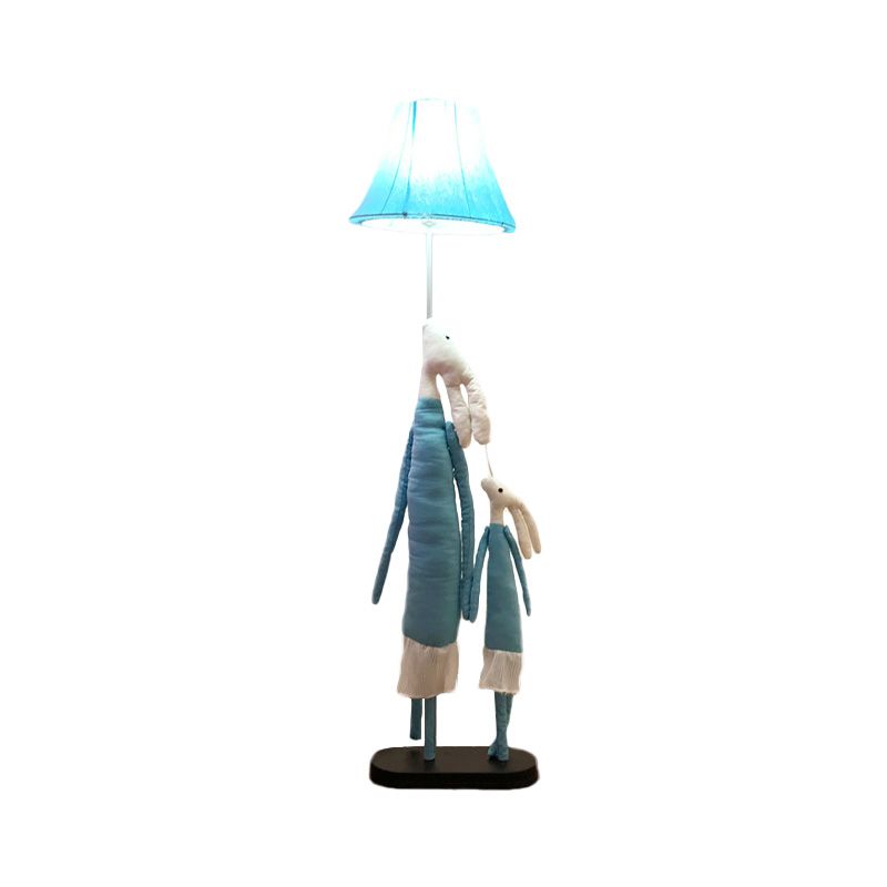 Cartoon 1-Light Floor Lighting Blue/Rose Red Rabbit Mon and Kid Standing Light with Flared Lampshade