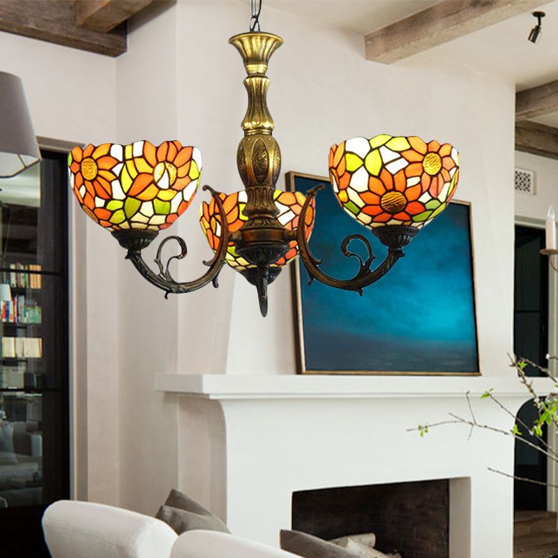 3/5/6 Lights Sunflower Kitchen Hanging Light Stained Glass Rustic Tiffany Chandelier with Inverted Shade in Orange