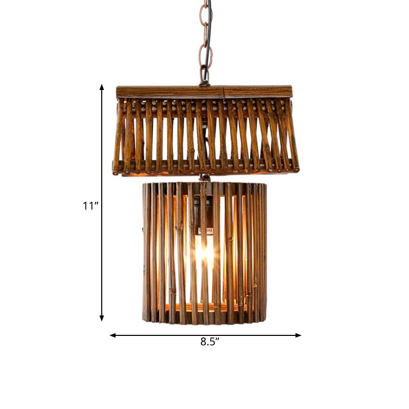 House Shape Drop Pendant Rustic Bamboo 1-Light Brown Hanging Ceiling Light for Living Room