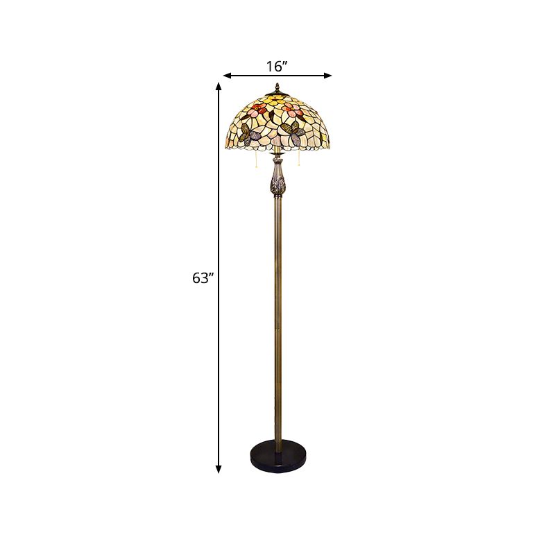 Tiffany Dome Reading Floor Light 2 Lights Shell Butterfly and Flower Standing Lighting in White