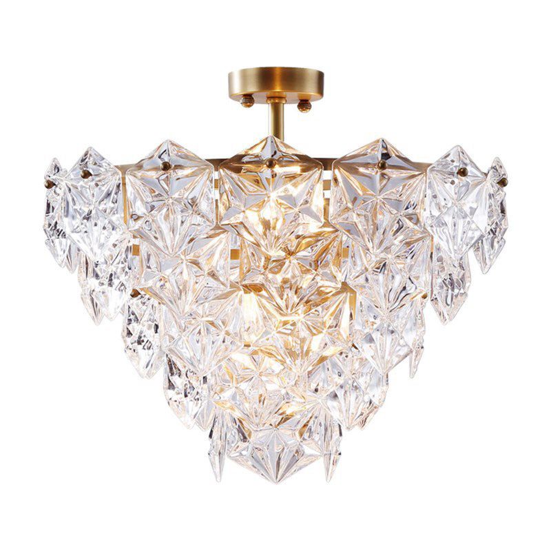 9 Heads Suspension Light Traditional Tapered Hexagon Glass Chandelier Lighting Fixture in Gold