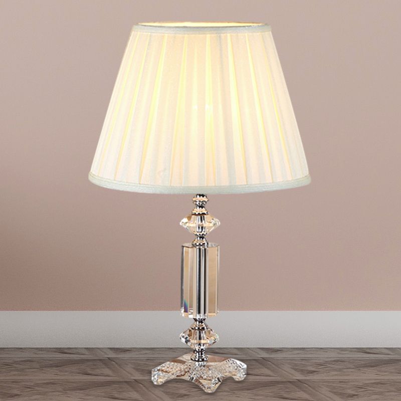 1 Bulb Tapered Pleated Shade Table Light Traditional Blue/Cream Gray/Beige Fabric Night Stand Lamp with Clear Crystal Base