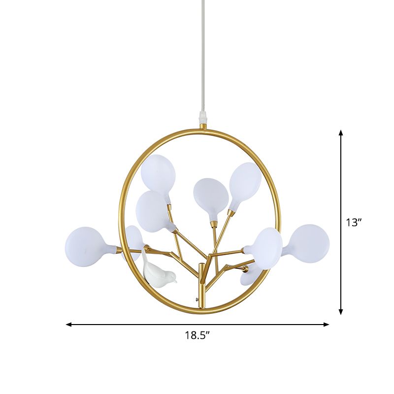 9 Lights Branch Pendant Lamp with Bird Deco Elegant Metallic Hanging Light in Gold for Cloth Shop