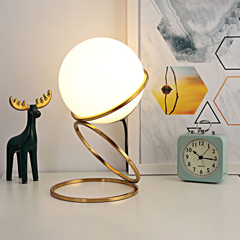 Golden Ring Night Lamp Minimalist 1-Light Metal Table Light with Ball Milk Glass Shade