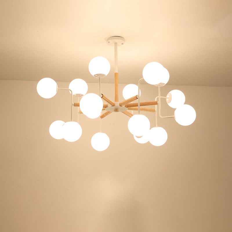 Simple Chandelier Lighting Fixture Wood Spherical Pendant Lamp with Opaline Glass Shade