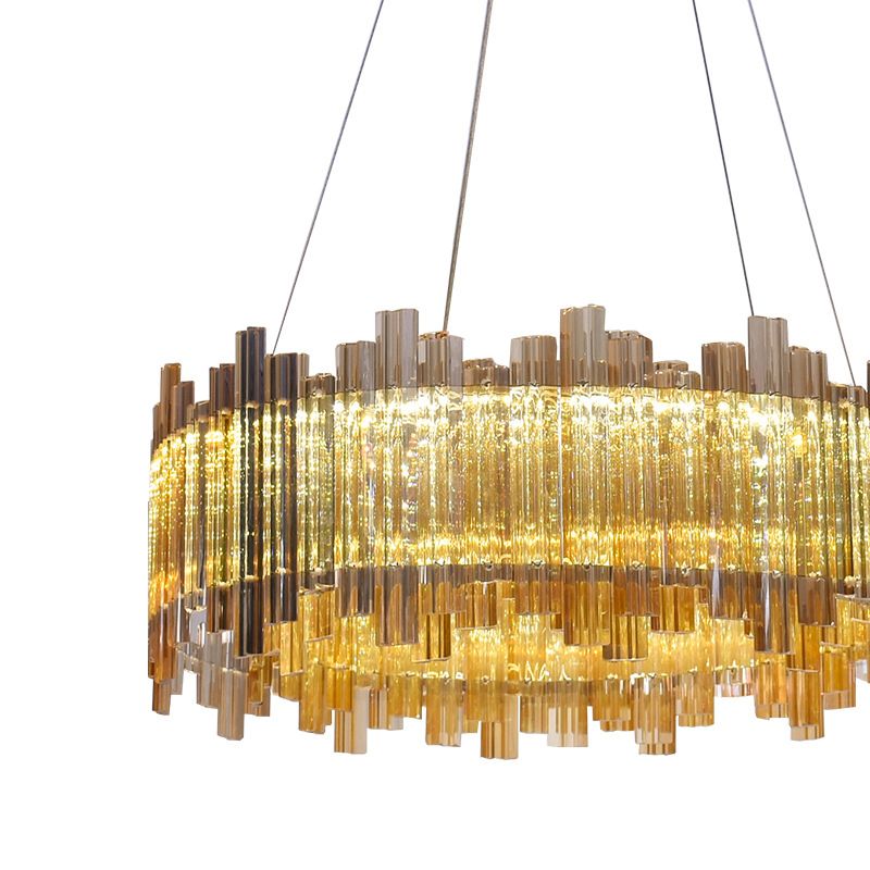 Minimalist Drum Crystal Chandelier LED Pendant Light Kit in Amber for Living Room