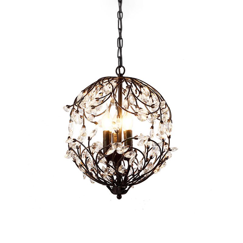 Traditional Floral Sphere Hanging Chandelier 3-Light Black/Bronze Iron Suspension Lamp with Crystal Accent