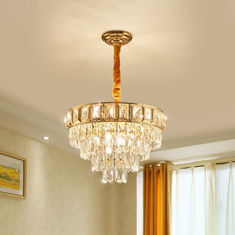 Golden Tiered Chandelier Lamp Simple 6/9-Light Crystal Hanging Light for Dining Room