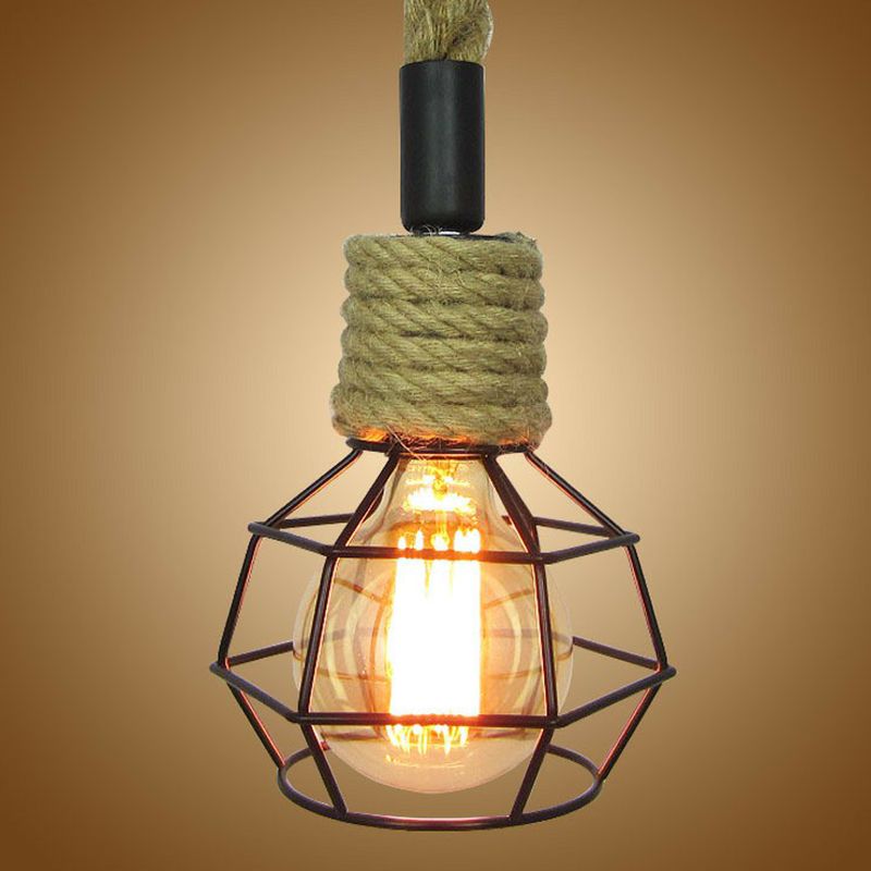 1-Head Pendulum Light Rural Wine Bar Mini Pendant Lamp with Ball Iron Cage and Rope Accent in Brown