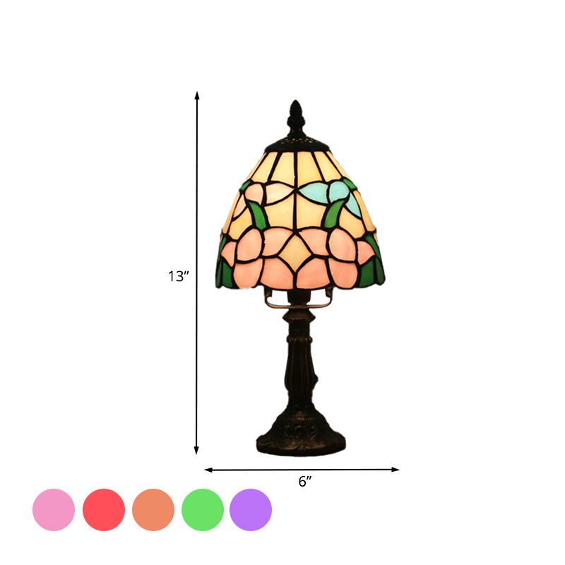 Dome Shape Nightstand Lighting 1-Light Stained Glass Baroque Style Blossom Patterned Table Lamp in Red/Pink/Orange