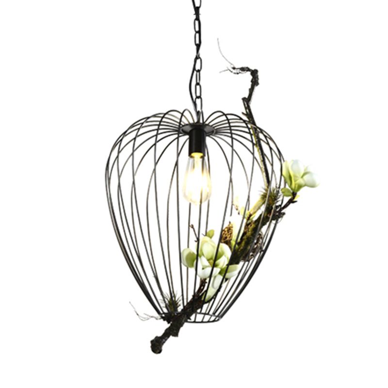 Pear Cage Iron Suspension Lamp Vintage 1 Bulb Study Room Flower Down Lighting Pendant in Black, 15"/18" W