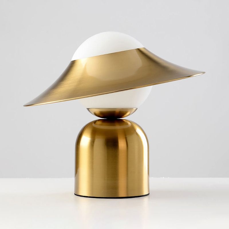 Postmodern Single-Bulb Night Lamp Gold Cylinder/Ball/Tapered Plug-in Table Light with Frosted White/Clear Glass Shade