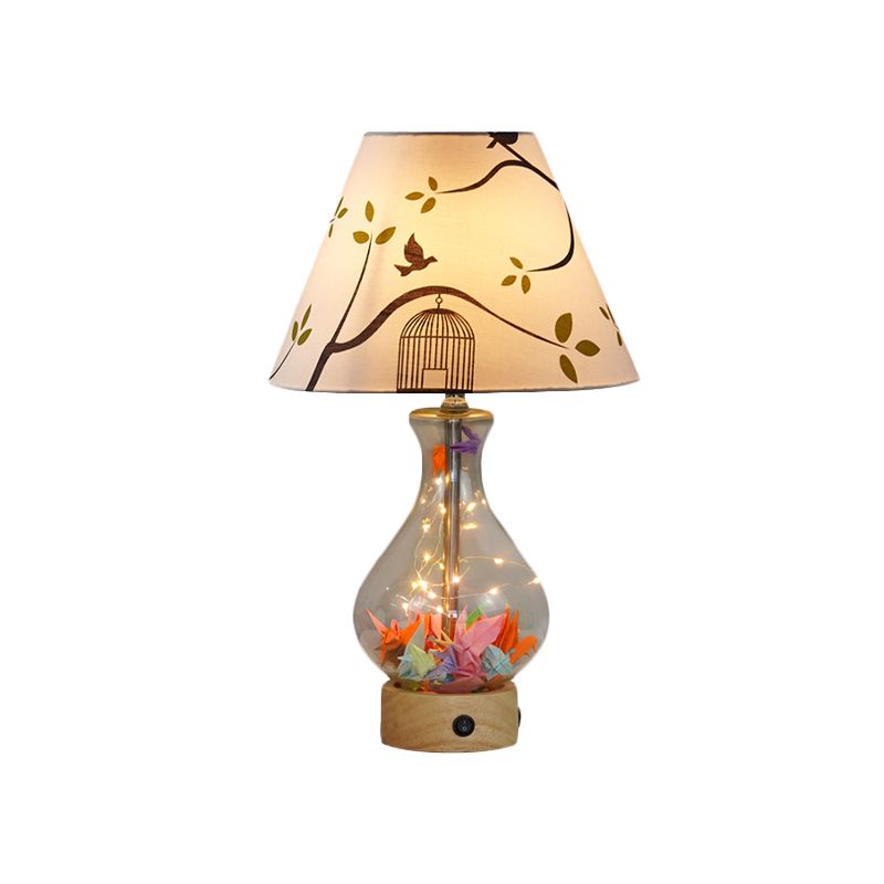 Clear Glass Urn/Diamond Night Lamp Contemporary 1-Bulb Bedroom Table Light with Cone Printing Fabric Shade