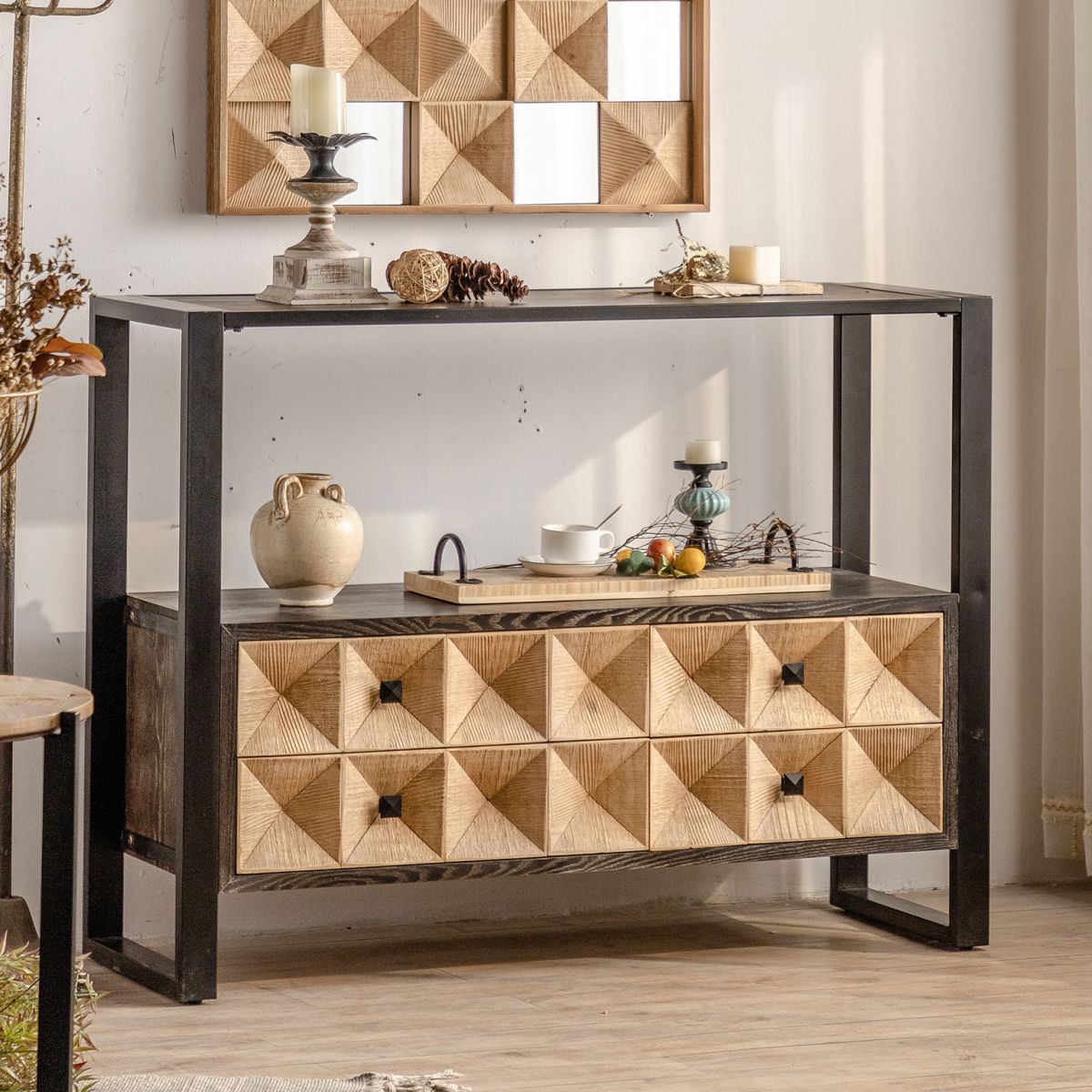 Contemporary Brown Buffet Sideboard Solid Wood Buffet Table with Drawers