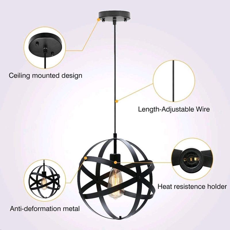 Globe Metal Cage Hanging Pendant Light Industrial Style Lighting Fixture for Cafe Shop Restaurants