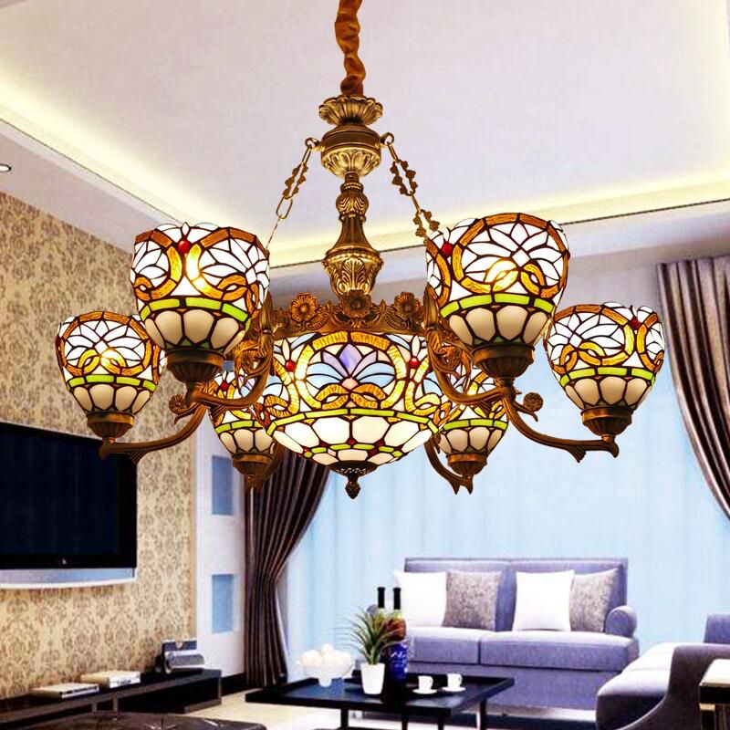 Bowl Chandelier Lighting Fixture Tiffany-Style Stained Art Glass Hanging Chandelier