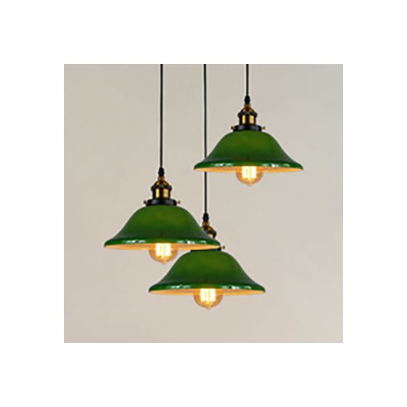 3 Lights Multiple Hanging Light Industrial Flared Green Glass Pendant Lighting in Brass