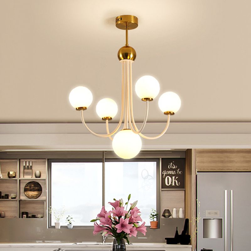 White Glass Spherical Ceiling Chandelier Contemporary 5/7 Bulbs Hanging Light Fixture in Gold