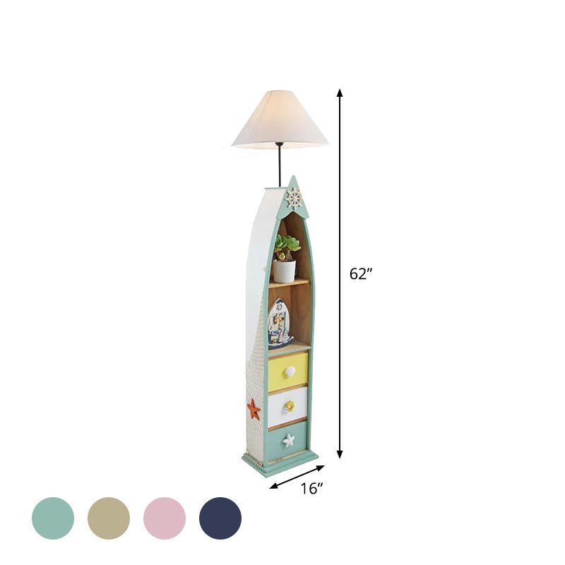 Wood Surfboard-Like Shelf Floor Lamp Children Single Head Pink/Green/Blue Standing Light with Cone White Fabric Shade