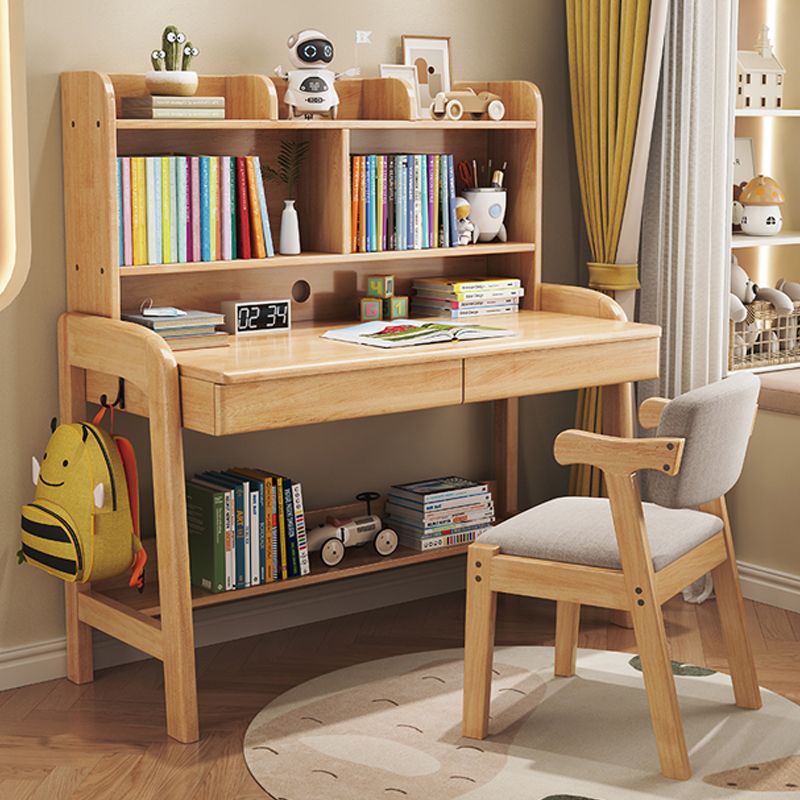 Solid Wood Study Desk Home with Bookshelf with Storage Drawer Writing Desk