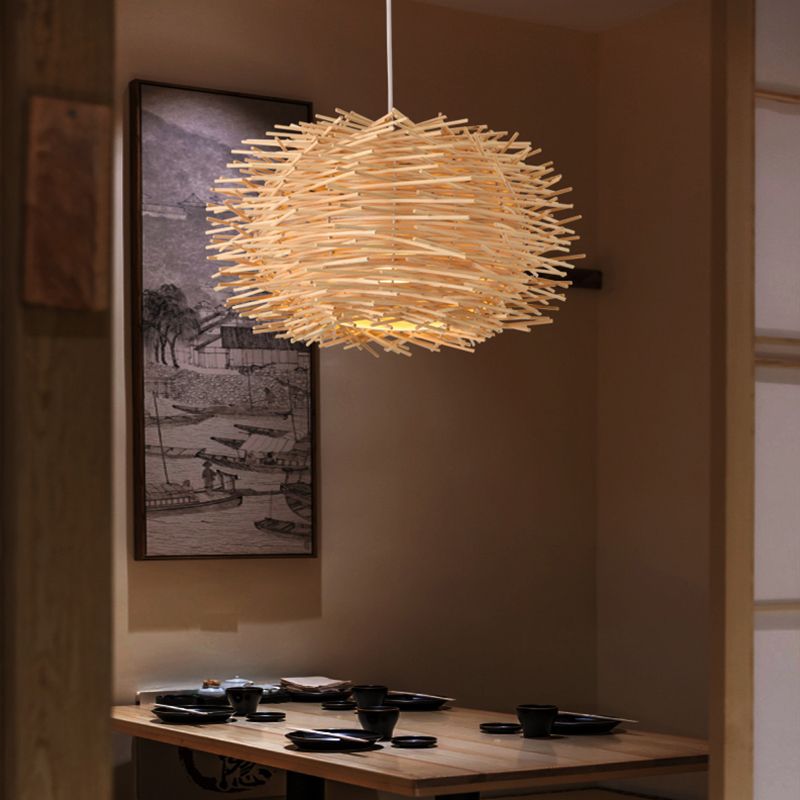 Bird Nest Suspension Light Simplicity Rattan 1-Light Restaurant Pendant Light in Wood