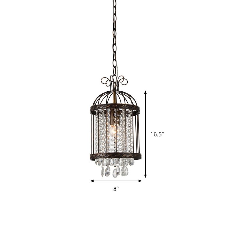 Metal Bird Cage Hanging Light Fixture Vintage 1 Light Pendant Light with Crystal Beaded Strand in Antique Bronze