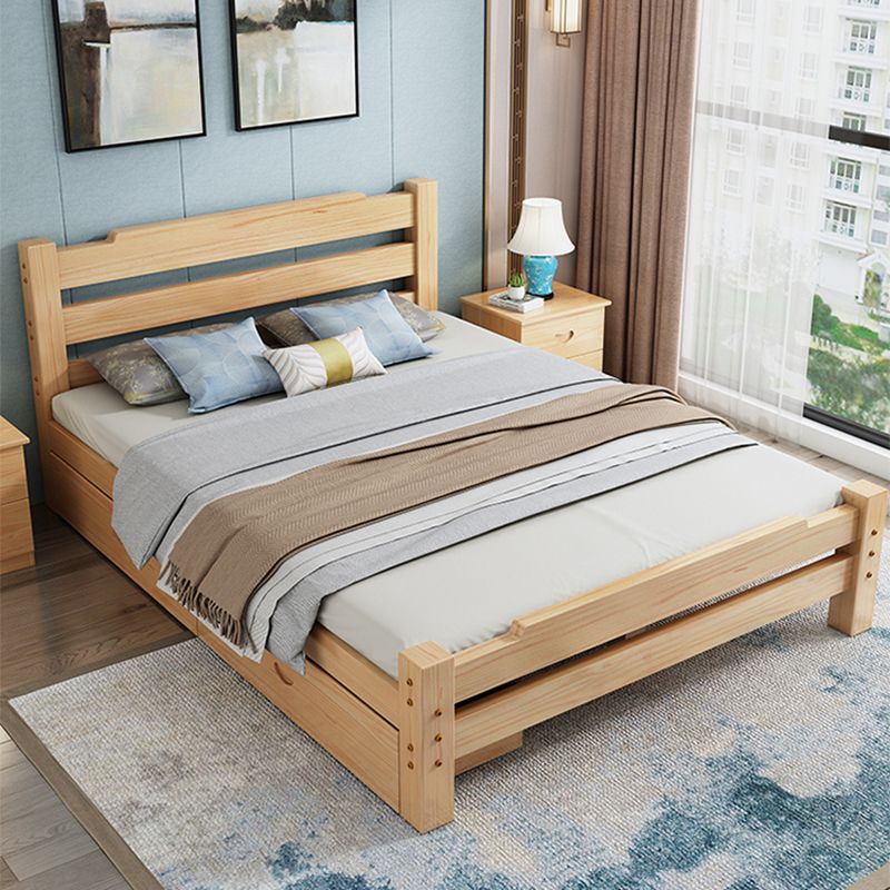 Pine Wood Bed in Light Brone Scandinavian Bed with Headboard