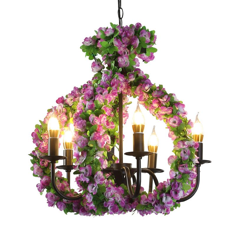 Candle Metal Chandelier Pendant Light Antique 5 Lights Restaurant Suspension Lamp in Black with Flower Decor