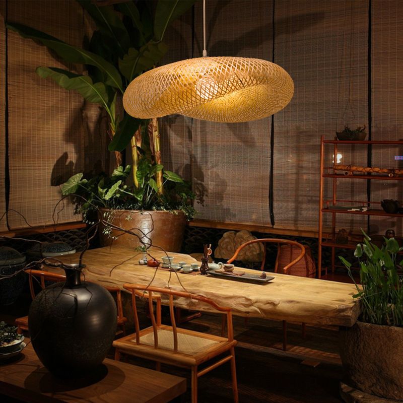 Asian Weaving Style Hat Shape Suspension Pendant Light Rattan 1 Light Hanging Ceiling Lights