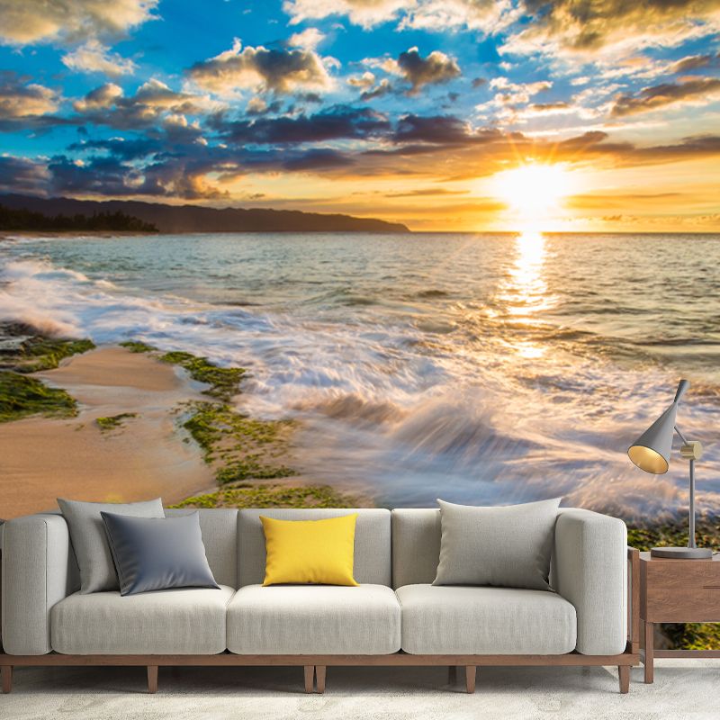 Photo Print Sea Sundown Mural Wallpaper for Hallway, Yellow-Blue, Personalized Size